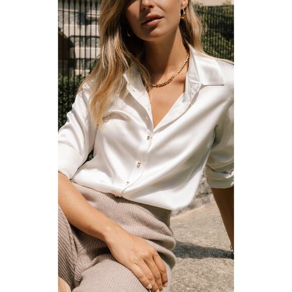 Ravella Tops - Ravella Luxury Silk Milano Button-Up Blouse LS Pearl White Gold Buttons Small 4
